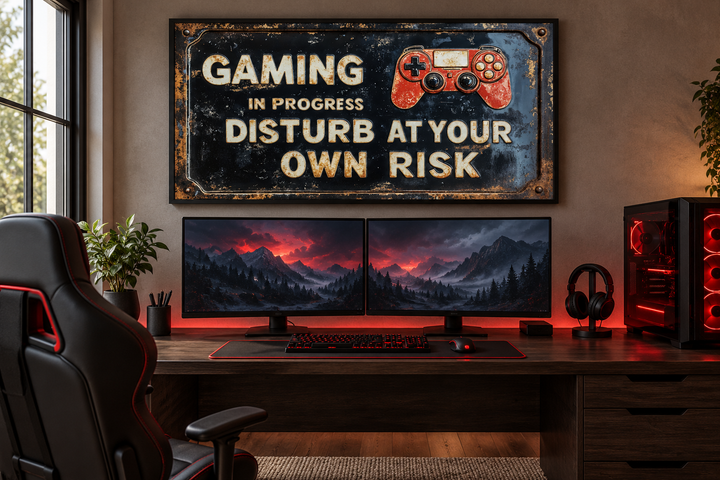 Distressed metal-style gaming wall art sign above a dual-monitor PC setup in a dark room.