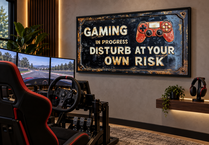 Distressed metal-style canvas print reading Gaming In Progress Disturb At Your Own Risk on a wall.