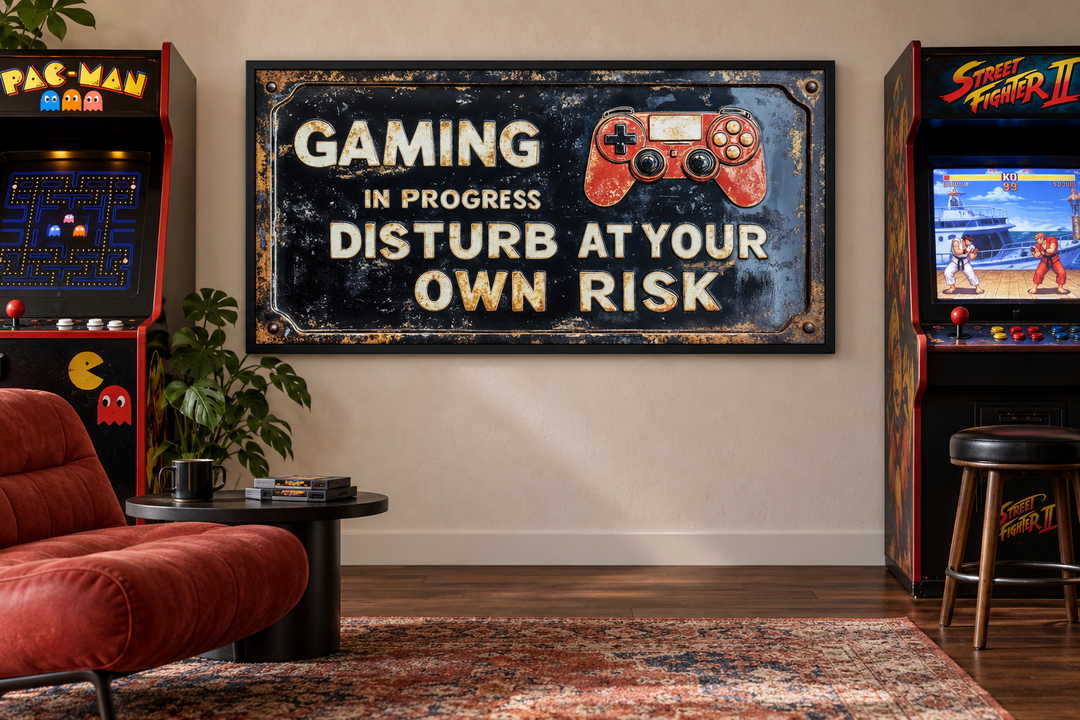 Distressed metal-style canvas print reading Gaming In Progress Disturb At Your Own Risk in a frame.