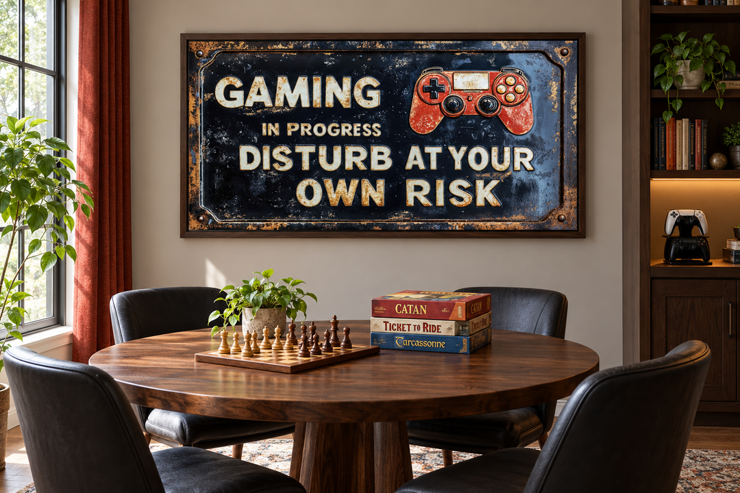 Vintage-style gaming wall art sign reading 'Gaming In Progress Disturb At Your Own Risk' on a wall.