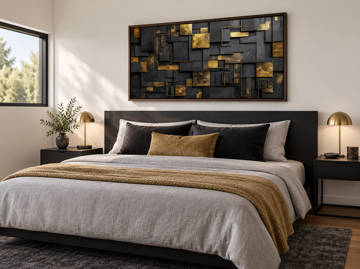 Abstract black and gold geometric wall art in a walnut frame above a modern bed.