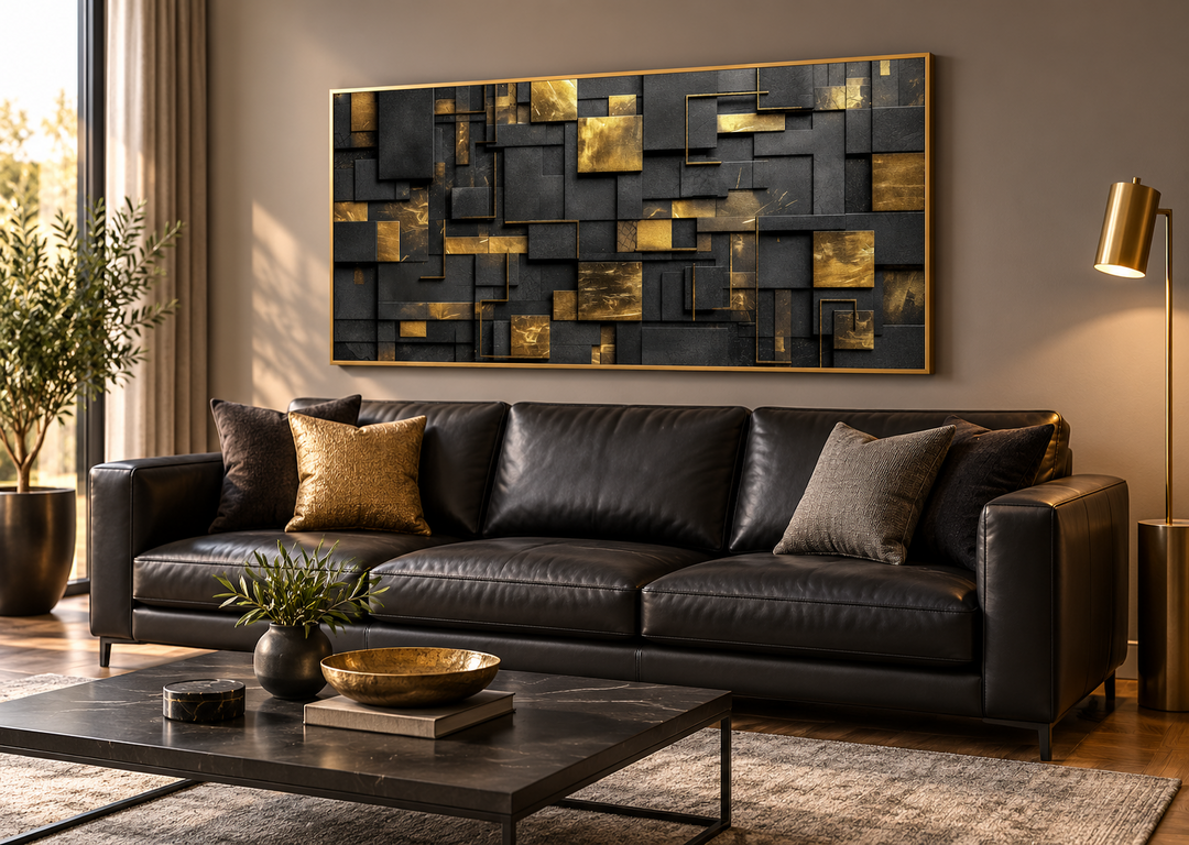 Abstract black and gold geometric wall art in a gold frame above a black leather sofa.