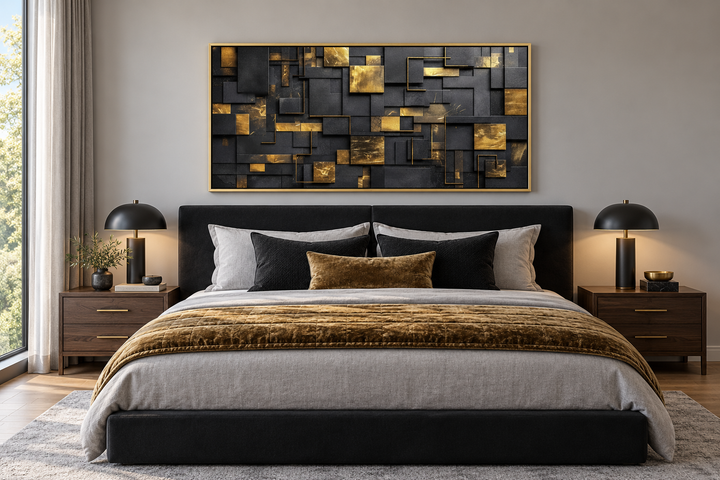 Black and gold abstract geometric framed canvas art hanging above a modern upholstered bed.