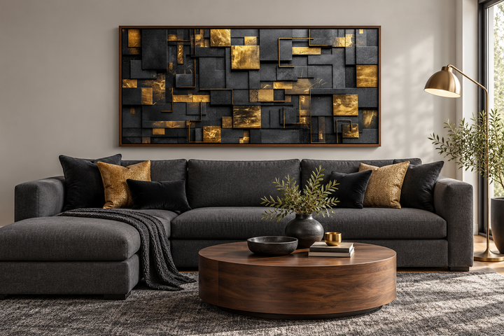Abstract black and gold geometric framed wall art above a charcoal sectional in a modern room.