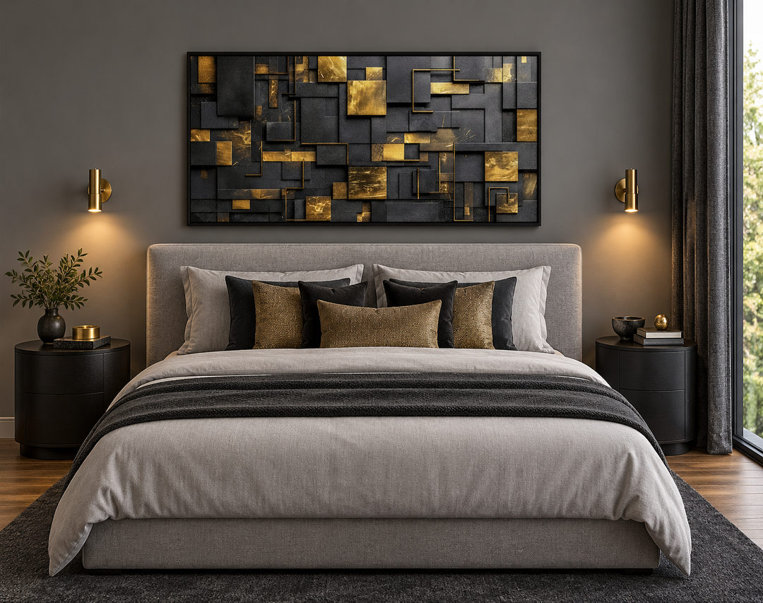 Abstract black and gold geometric wall art in a black frame above a modern gray bed.