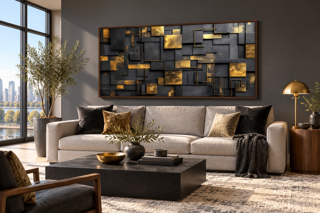 Black and gold abstract geometric wall art in a walnut frame above a light gray sofa.