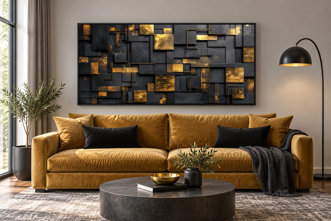 Framed black and gold abstract geometric wall art hanging above a mustard yellow velvet sofa.