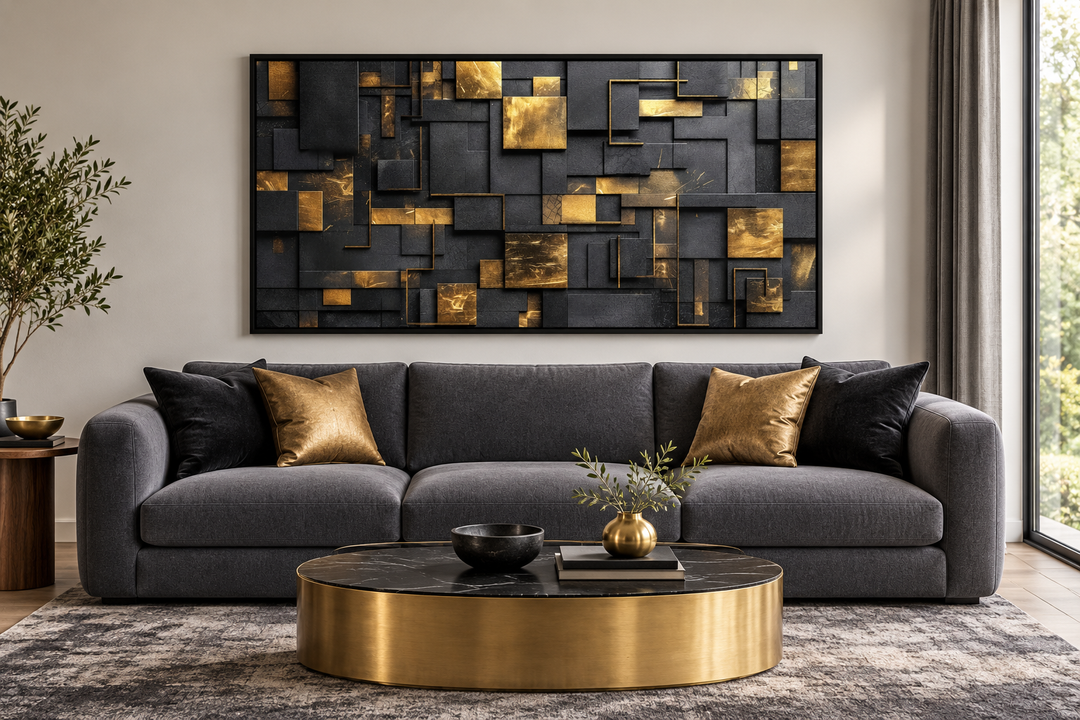 Black and gold abstract geometric wall art in a black frame above a grey sofa in a modern room.