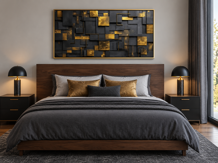 Black and gold abstract geometric wall art in a gold frame above a walnut bed in a modern bedroom.