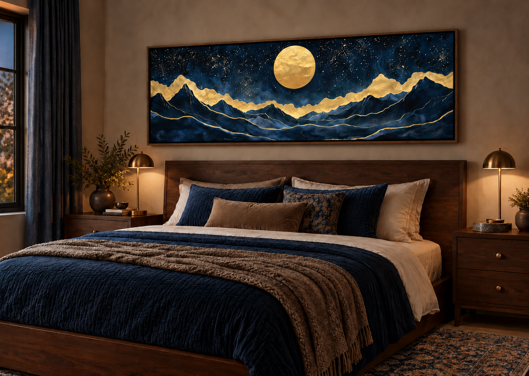 Panoramic canvas print of a gold moon over navy blue mountains above a bed in a modern bedroom.