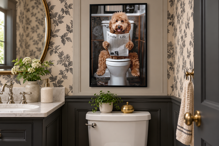Framed canvas art of a Goldendoodle reading a newspaper on a toilet in a stylish bathroom.