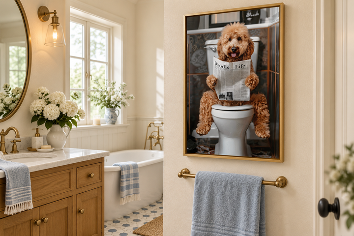 Framed canvas wall art of a Goldendoodle dog sitting on a toilet reading a newspaper in a bathroom.