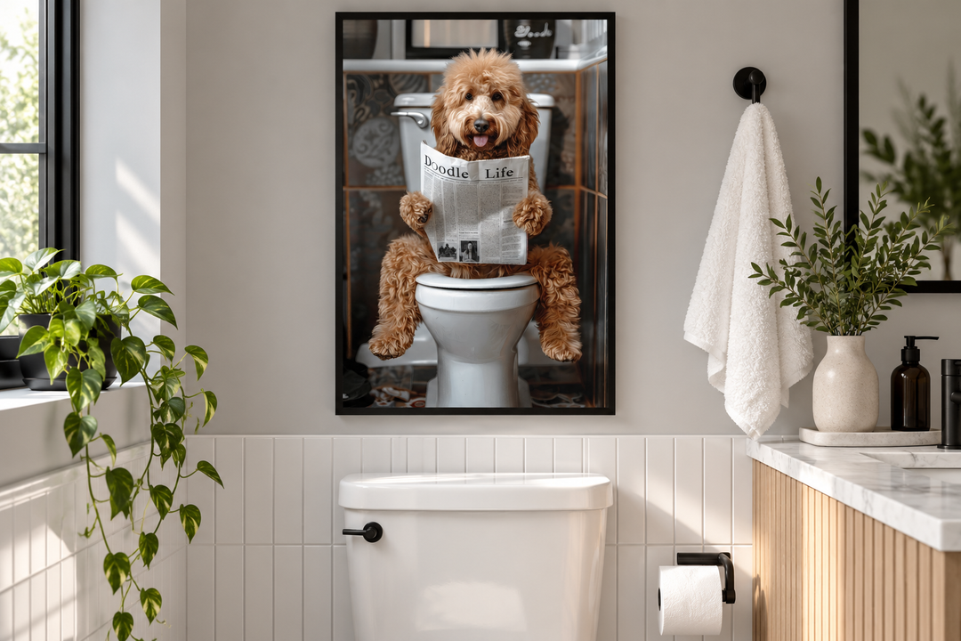 Framed canvas art of a Goldendoodle dog reading a newspaper while sitting on a toilet in a bathroom.