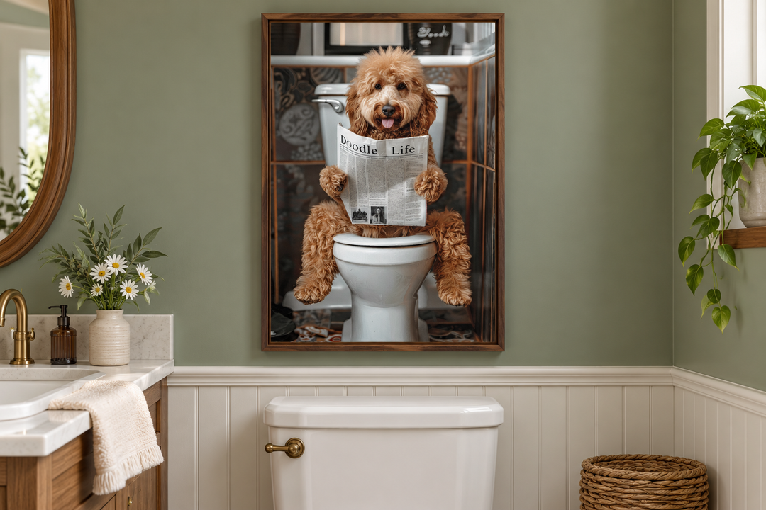 Framed canvas art of a Goldendoodle reading a newspaper on a toilet in a sage green bathroom.