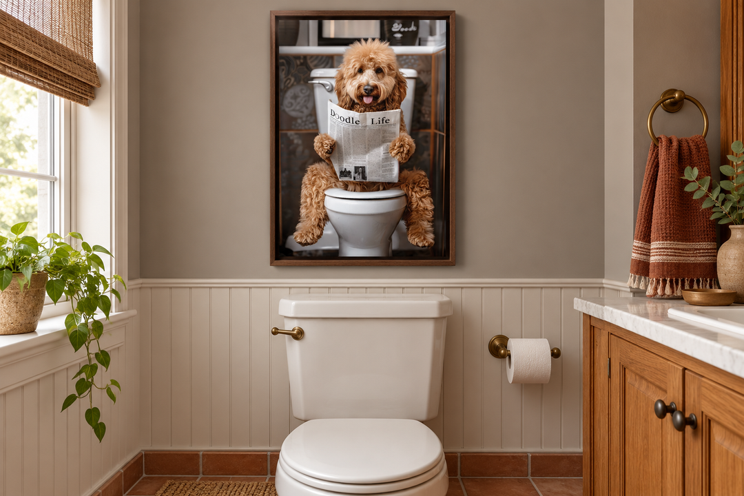 Framed canvas art of a Goldendoodle reading a newspaper on a toilet in a farmhouse bathroom.