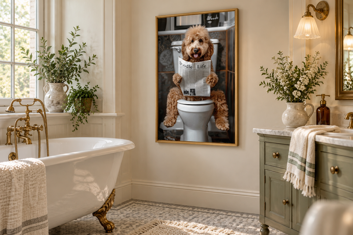 Goldendoodle on toilet reading newspaper framed canvas wall art in a vintage bathroom setting.