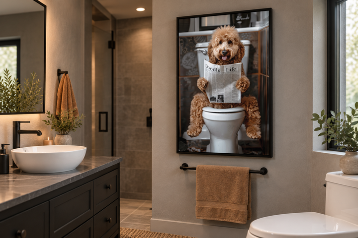 Framed canvas art of a Goldendoodle reading a newspaper on a toilet in a modern bathroom.