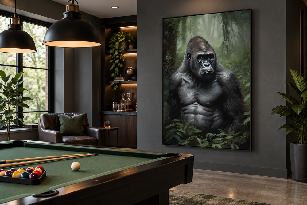 Gorilla in The Jungle Framed Canvas Wall Art hanging in a modern game room with a pool table.