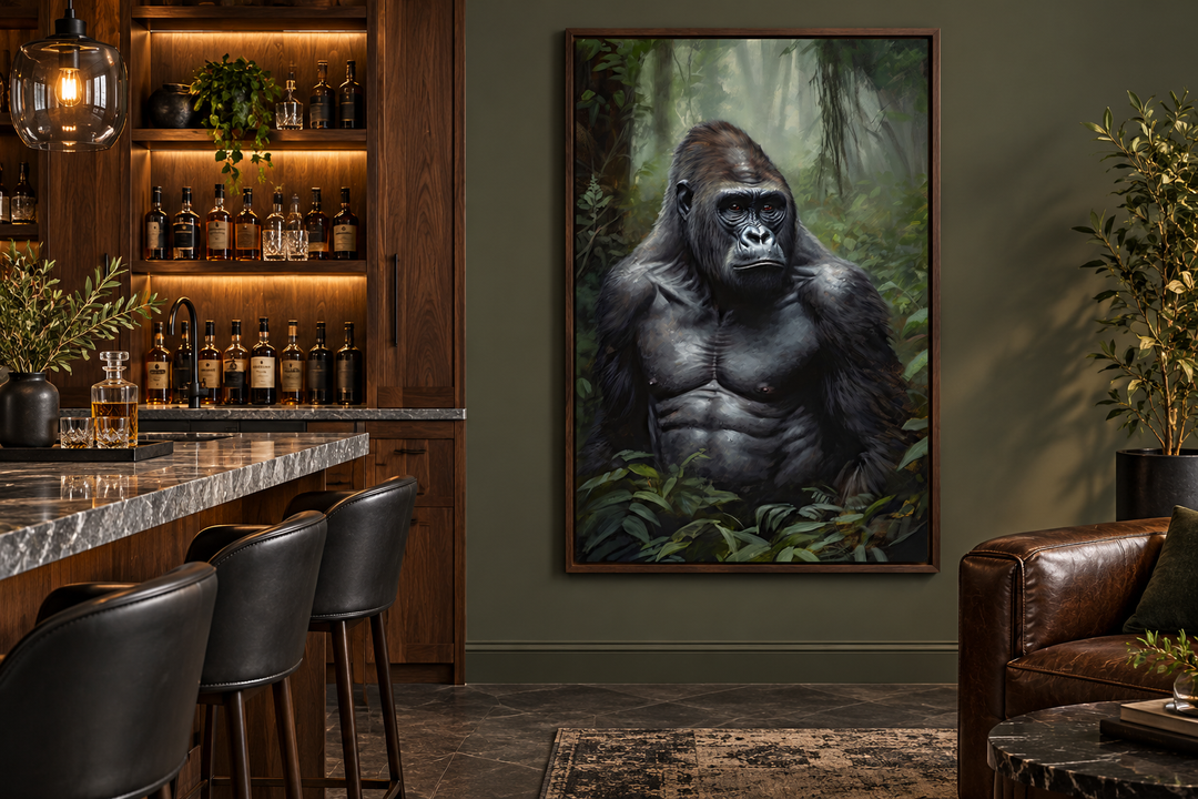 Gorilla in the jungle framed canvas wall art hanging in a dark green room with a home bar.