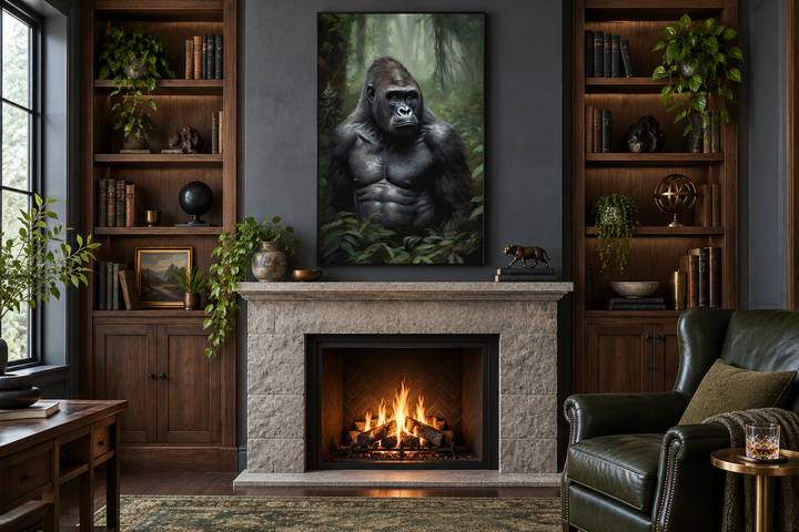 Framed canvas wall art of a gorilla in a jungle, hanging above a fireplace in a dark wood library.