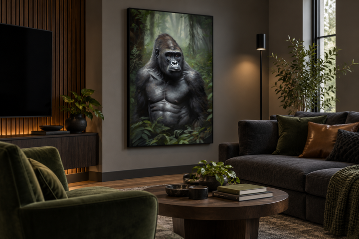 Gorilla in the Jungle Framed Canvas Wall Art hanging in a modern living room.