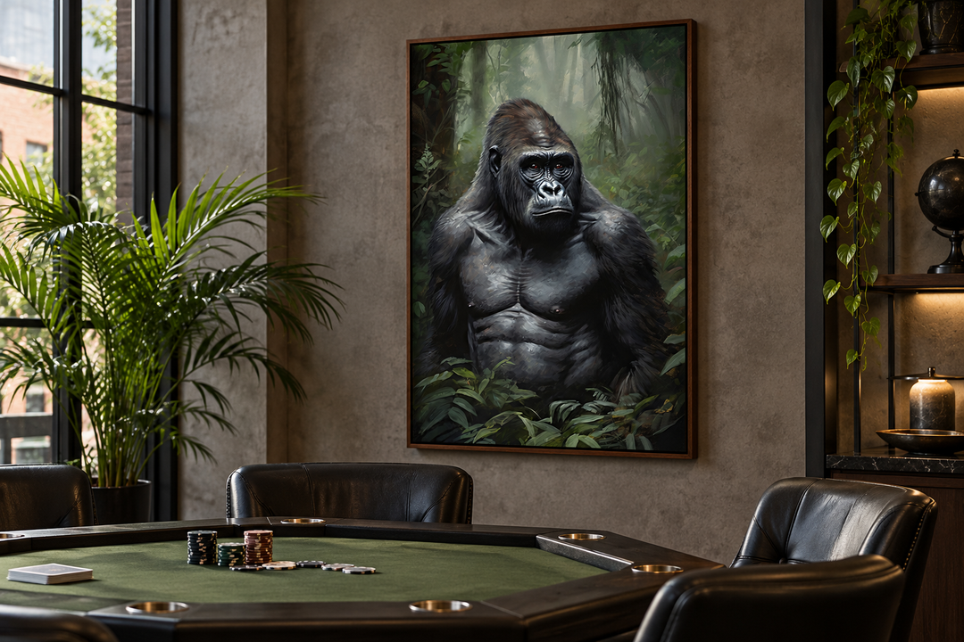 Gorilla in the jungle framed canvas wall art hanging in a modern poker room above a gaming table.