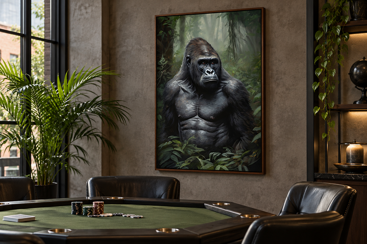 Gorilla in the jungle framed canvas wall art hanging in a modern poker room above a gaming table.