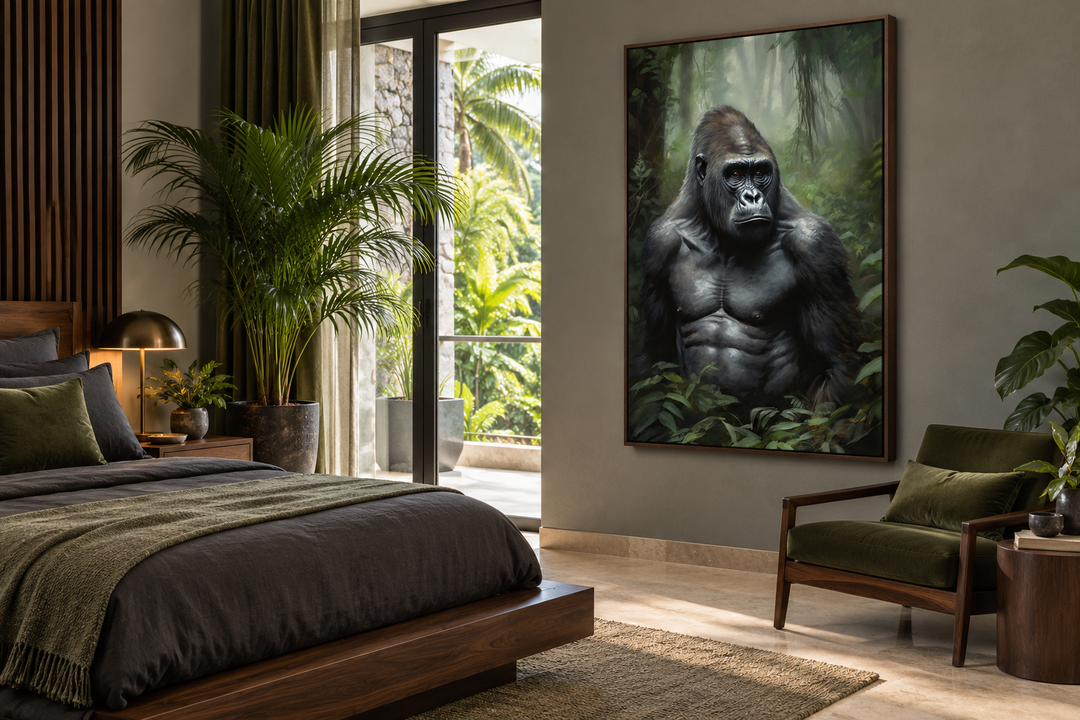 Framed canvas wall art of a gorilla in a lush jungle, displayed in a modern bedroom setting.