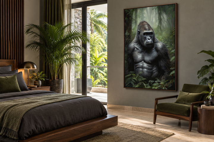 Framed canvas wall art of a gorilla in a lush jungle, displayed in a modern bedroom setting.