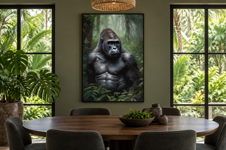 Framed canvas wall art of a gorilla in a jungle, hanging in a modern dining room.