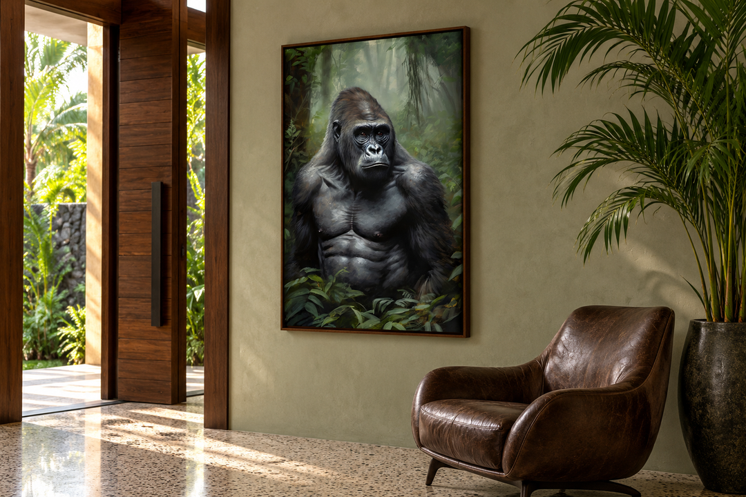 Gorilla in The Jungle Framed Canvas Wall Art hanging in a modern foyer with a leather chair.