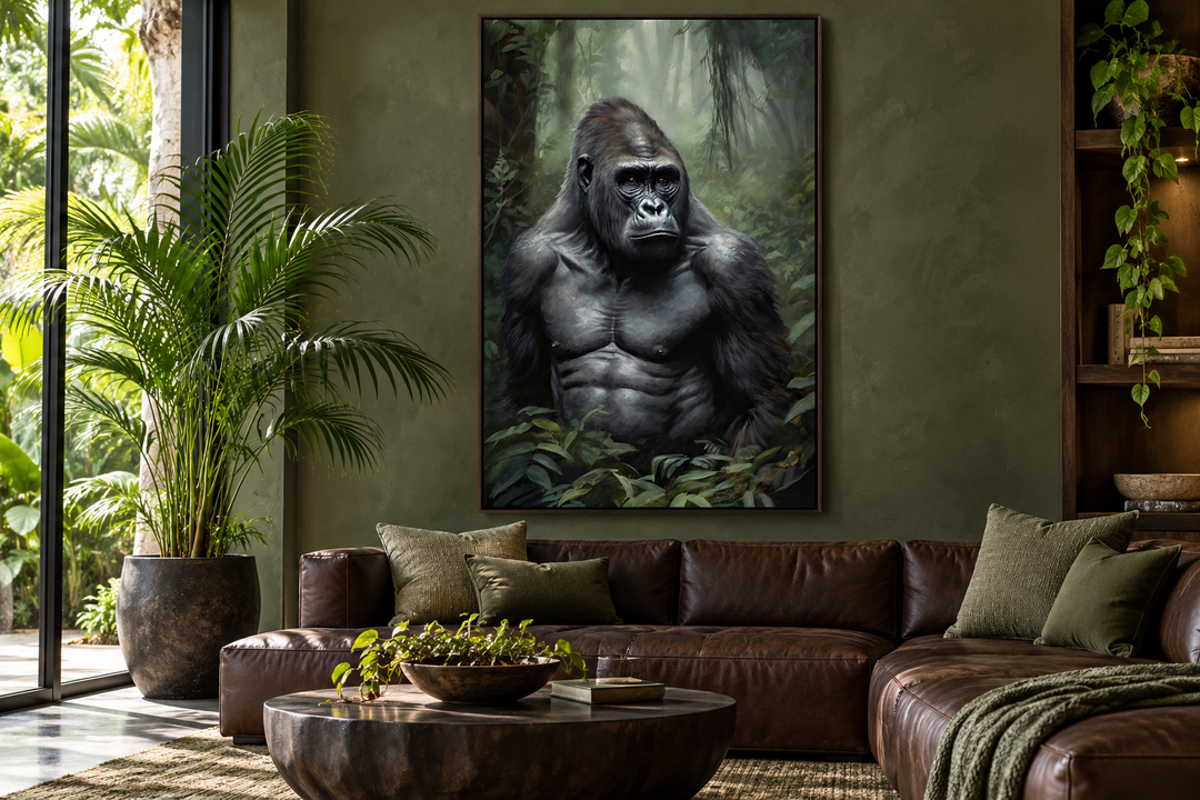 Gorilla in the jungle framed canvas wall art hanging above a brown leather sofa in a living room.