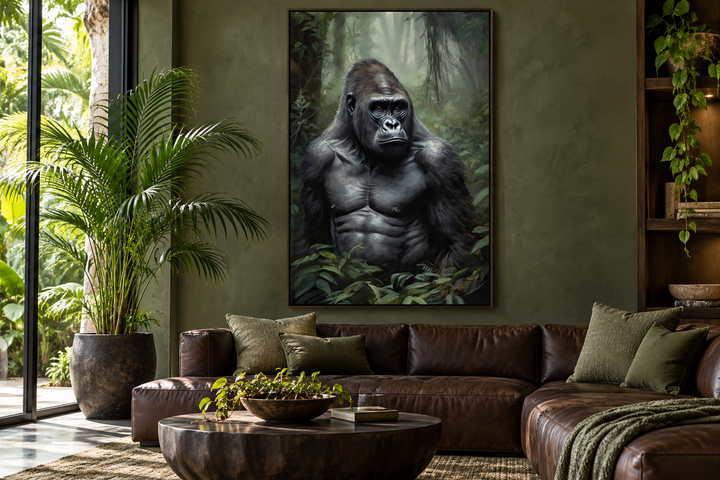 Gorilla in the jungle framed canvas wall art hanging above a brown leather sofa in a living room.