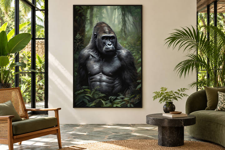 Gorilla in the jungle portrait painting in a black frame on a living room wall.