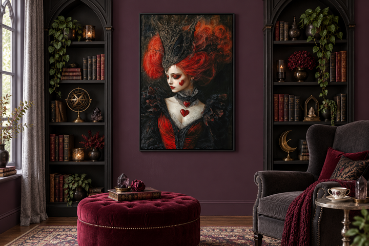 Gothic Queen of Hearts framed canvas wall art in a dark library with red hair and a black crown.