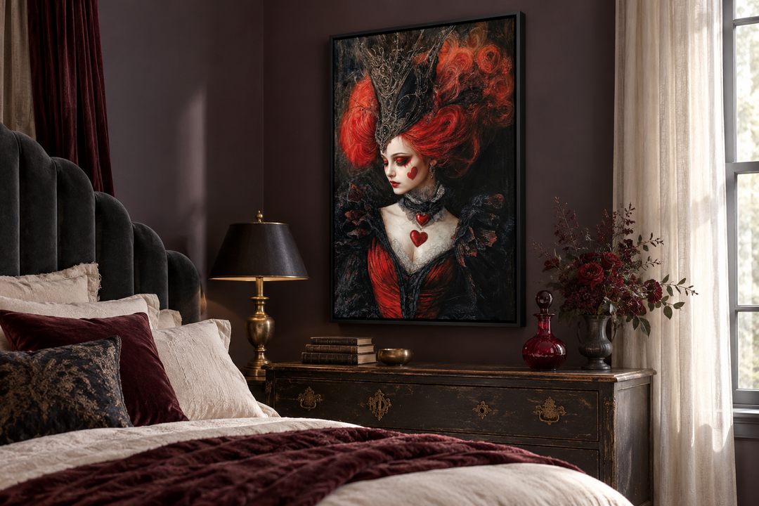 Gothic Queen of Hearts framed canvas wall art hanging above a vintage dresser in a dark bedroom.