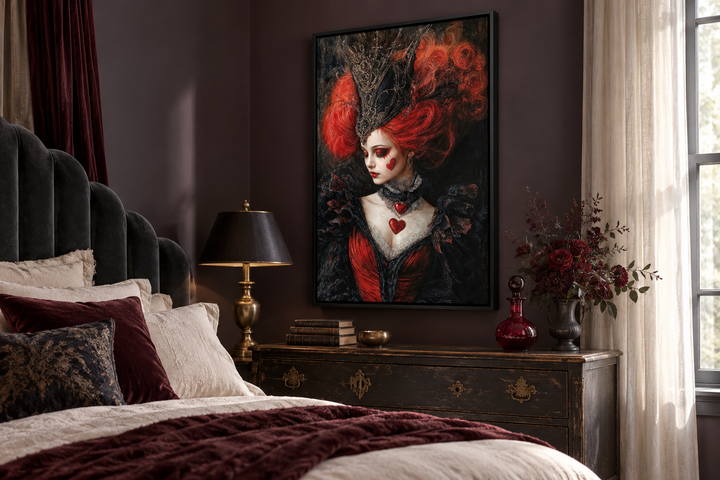 Gothic Queen of Hearts framed canvas wall art hanging above a vintage dresser in a dark bedroom.