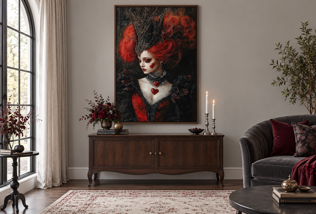 Gothic Queen of Hearts framed canvas wall art hanging above a dark wood sideboard in a living room.