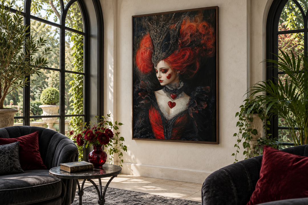 Gothic Queen of Hearts framed canvas wall art in a sunlit room with dark velvet chairs.