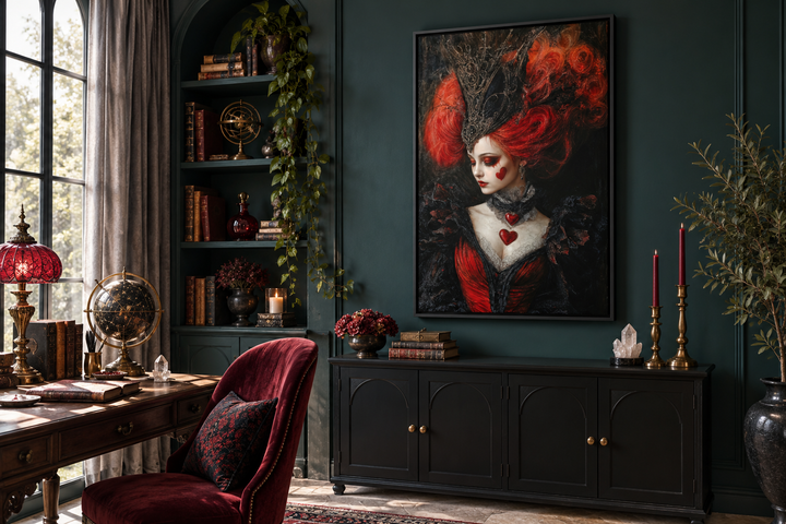 Gothic Queen of Hearts framed canvas wall art in a dark academia study with a teal wall.