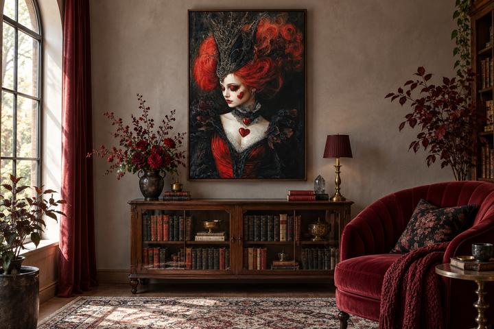 Gothic Queen of Hearts framed canvas wall art in a dark academia style reading room.
