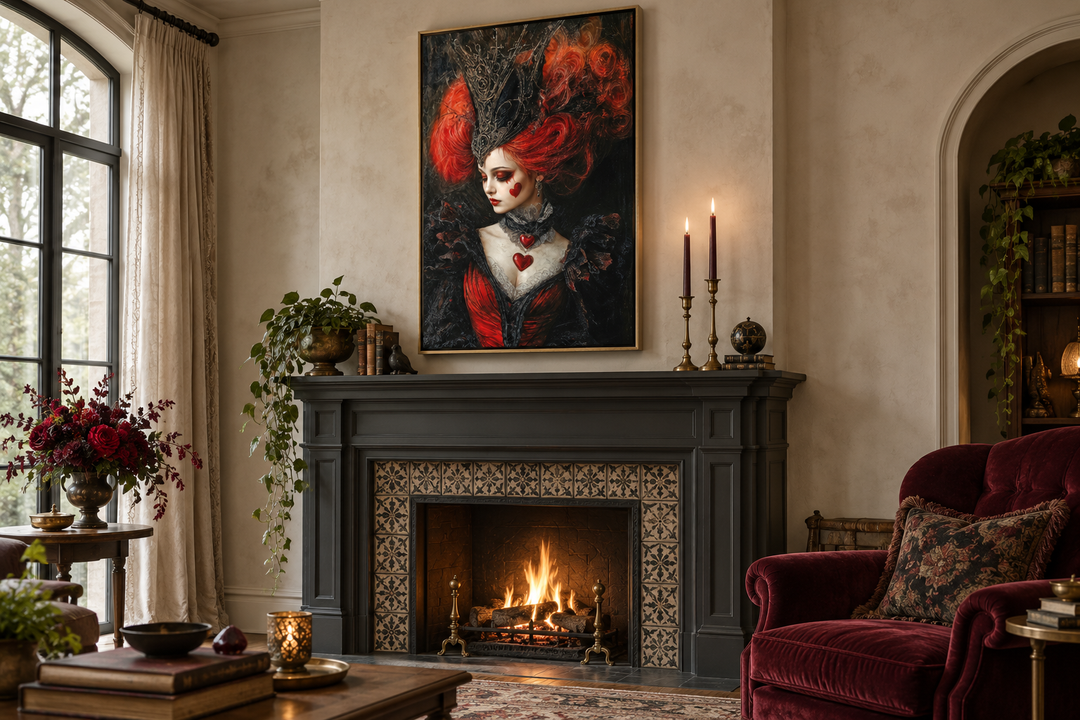 Gothic Queen of Hearts framed canvas wall art hanging above a fireplace in a moody parlor.