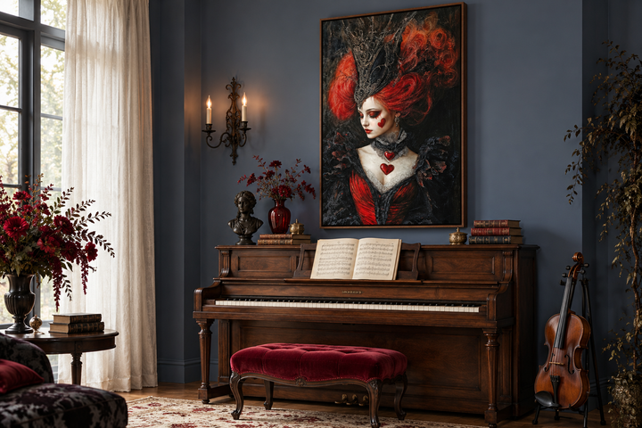 Gothic Queen of Hearts framed canvas wall art hanging above a wooden piano in a dark blue room.