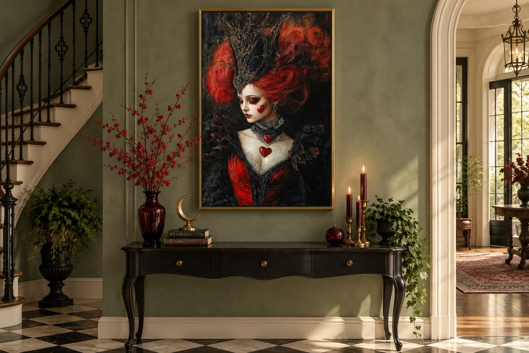 Gothic Queen of Hearts framed canvas wall art displayed above a black console table in an entryway.