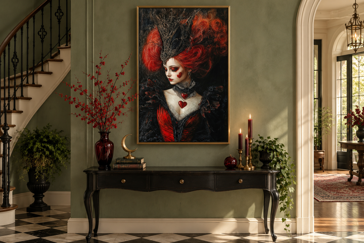 Gothic Queen of Hearts framed canvas wall art displayed above a black console table in an entryway.