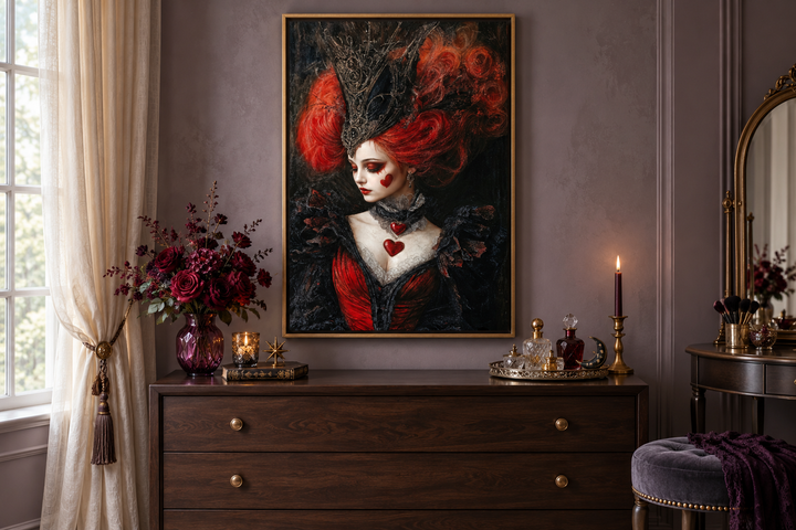 Gothic Queen of Hearts framed canvas wall art above a dark wood dresser in a moody room.