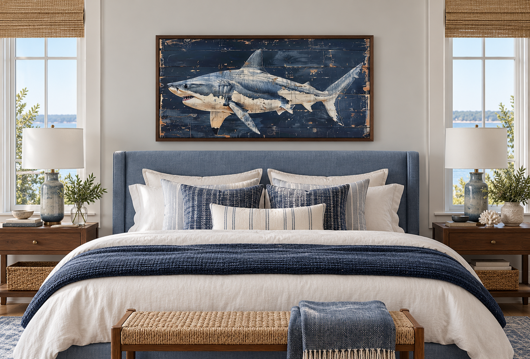 Great white shark painting on navy blue distressed wood frame above a coastal-style bed.
