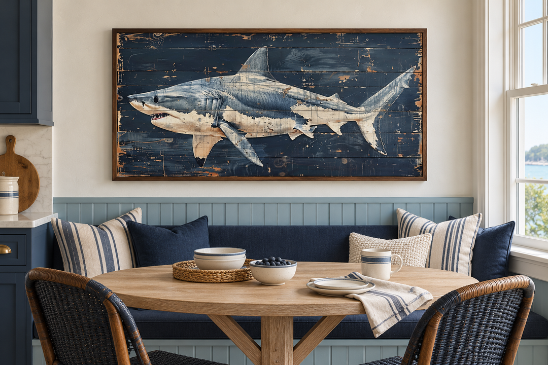 Great white shark painting on navy blue distressed wood frame in a nautical breakfast nook.