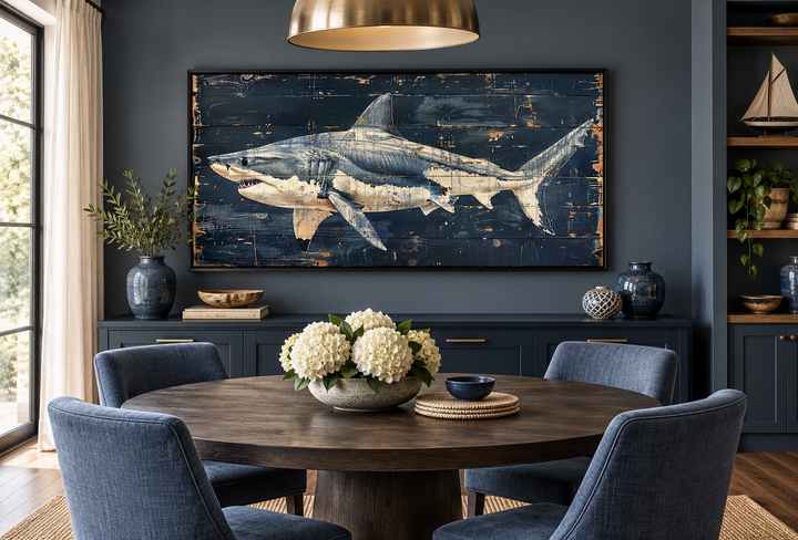 Great white shark painting on navy blue distressed wood frame in a nautical dining room.