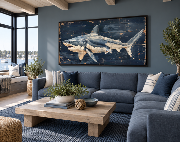 Great white shark painting on navy blue distressed wood frame in a coastal living room.